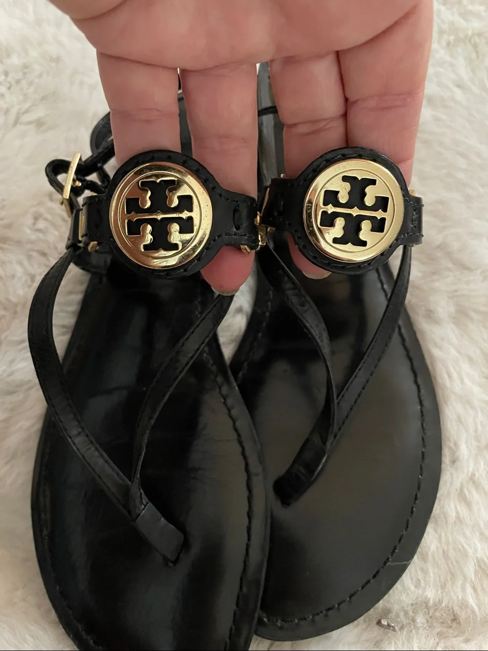 Tory Burch Black Leather Sandals with Gold Logo Medallions 6.5